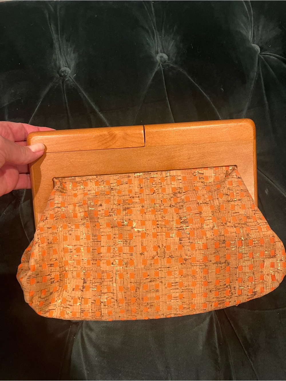 Sondra Roberts Orange Woven Clutch with Wooden Frame